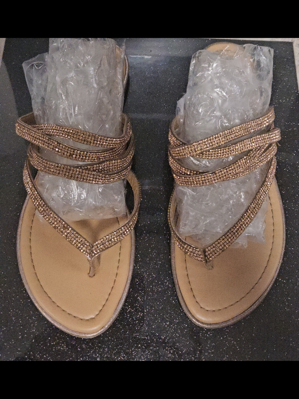 Rhinestone Embellished Gold Strappy Women's Sandals - Picture 3 of 4